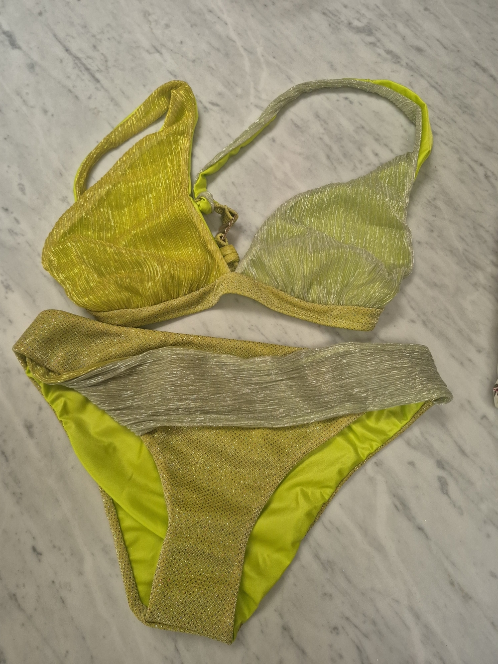 CHIO Di STEFANIA bikini Lime Green  Sparkly Large Bottom Nwt, Top, New No Tag.